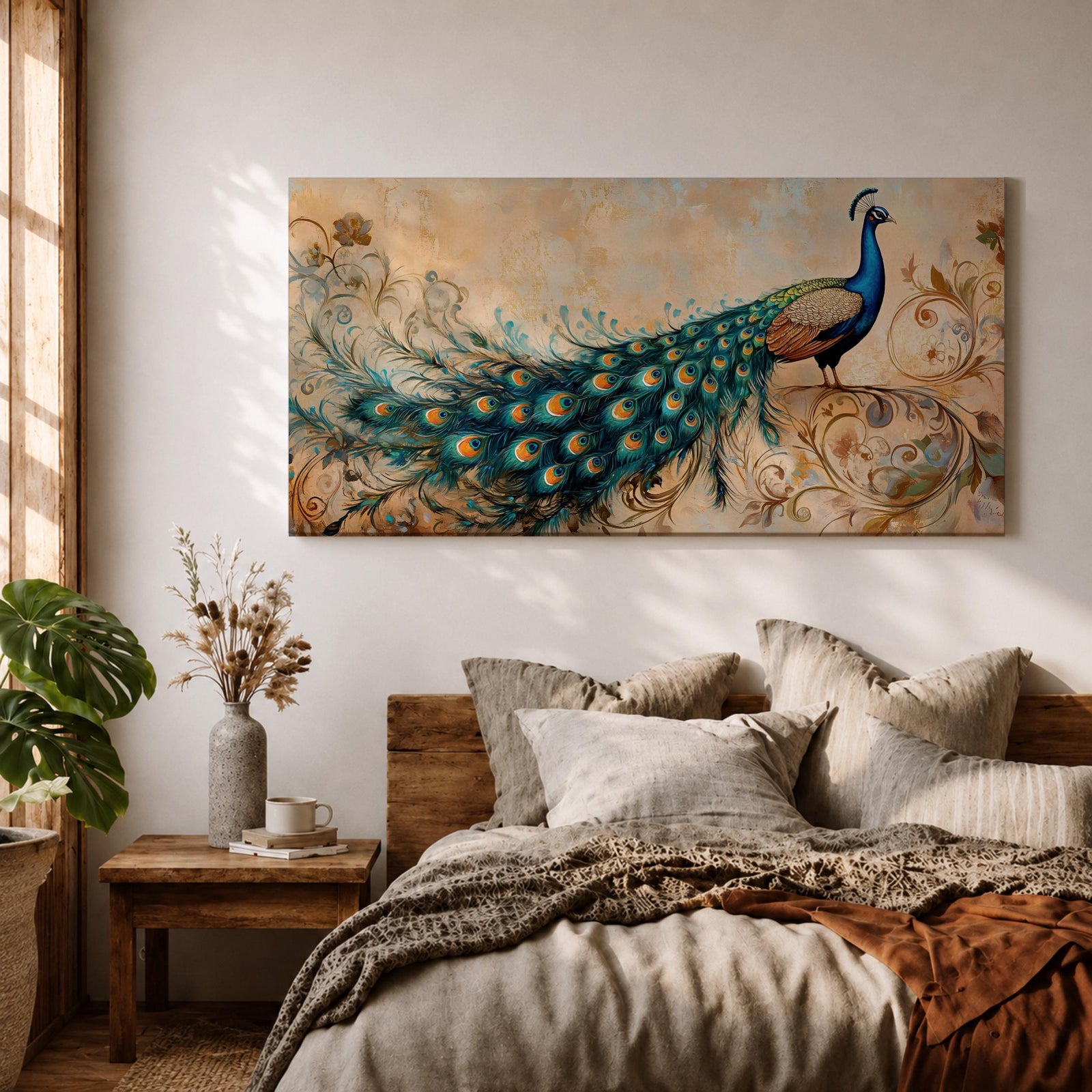 Panoramic painting of a peacock perched with an elongated flowing tail filled with vibrant blue, teal, and gold eye patterned feathers. The composition includes ornate botanical scrolls and floral motifs surrounding the bird, rendered with textured brushwork against a warm neutral background.