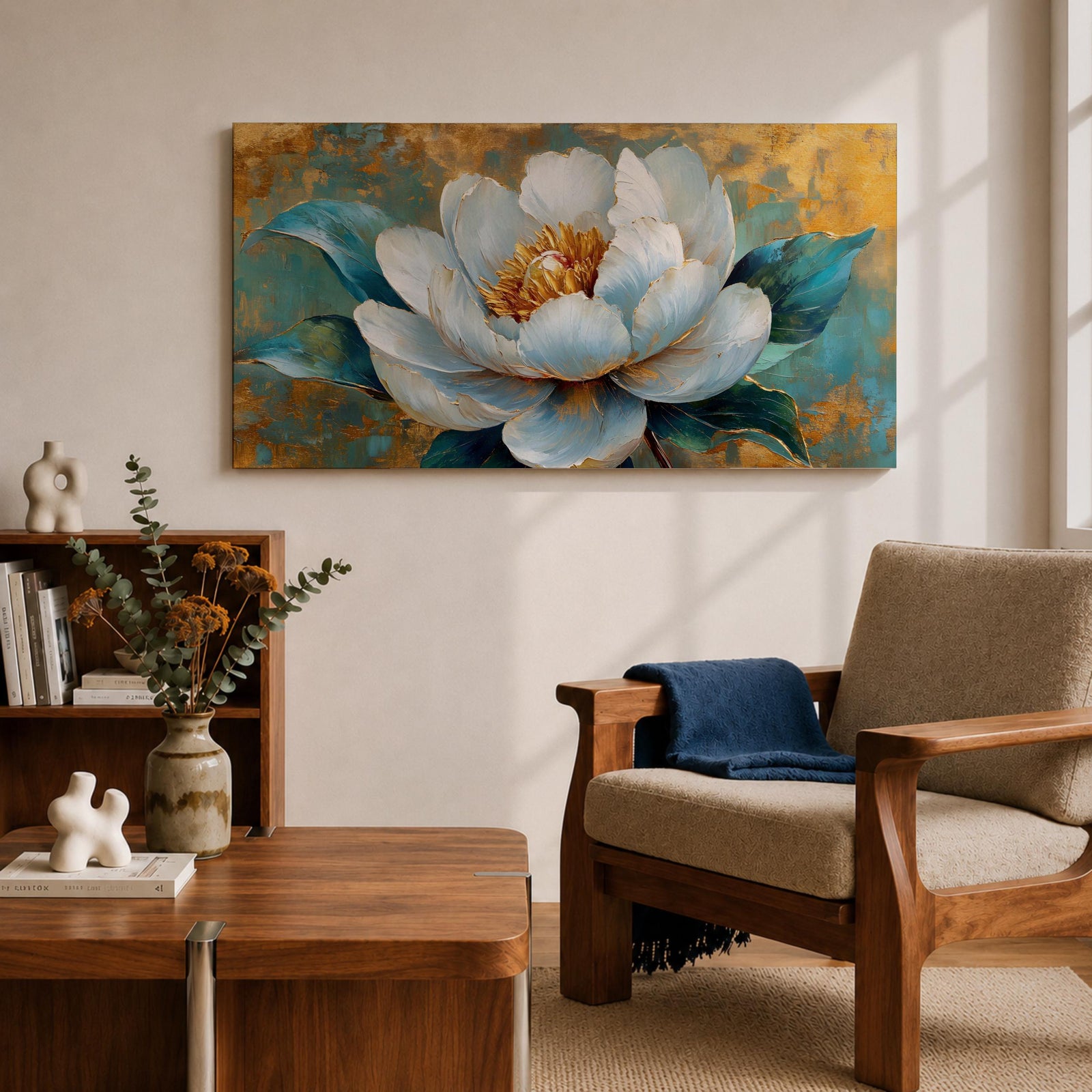 Panoramic painting of a large white peony blossom with layered petals and a golden center surrounded by teal blue leaves. The composition features textured brushstrokes and metallic gold accents across a teal background, highlighting the flower’s soft petals and botanical form.