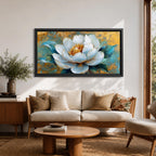 Panoramic painting of a large white peony blossom with layered petals and a golden center surrounded by teal blue leaves. The composition features textured brushstrokes and metallic gold accents across a teal background, highlighting the flower’s soft petals and botanical form.