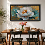 Panoramic painting of a large white peony blossom with layered petals and a golden center surrounded by teal blue leaves. The composition features textured brushstrokes and metallic gold accents across a teal background, highlighting the flower’s soft petals and botanical form.