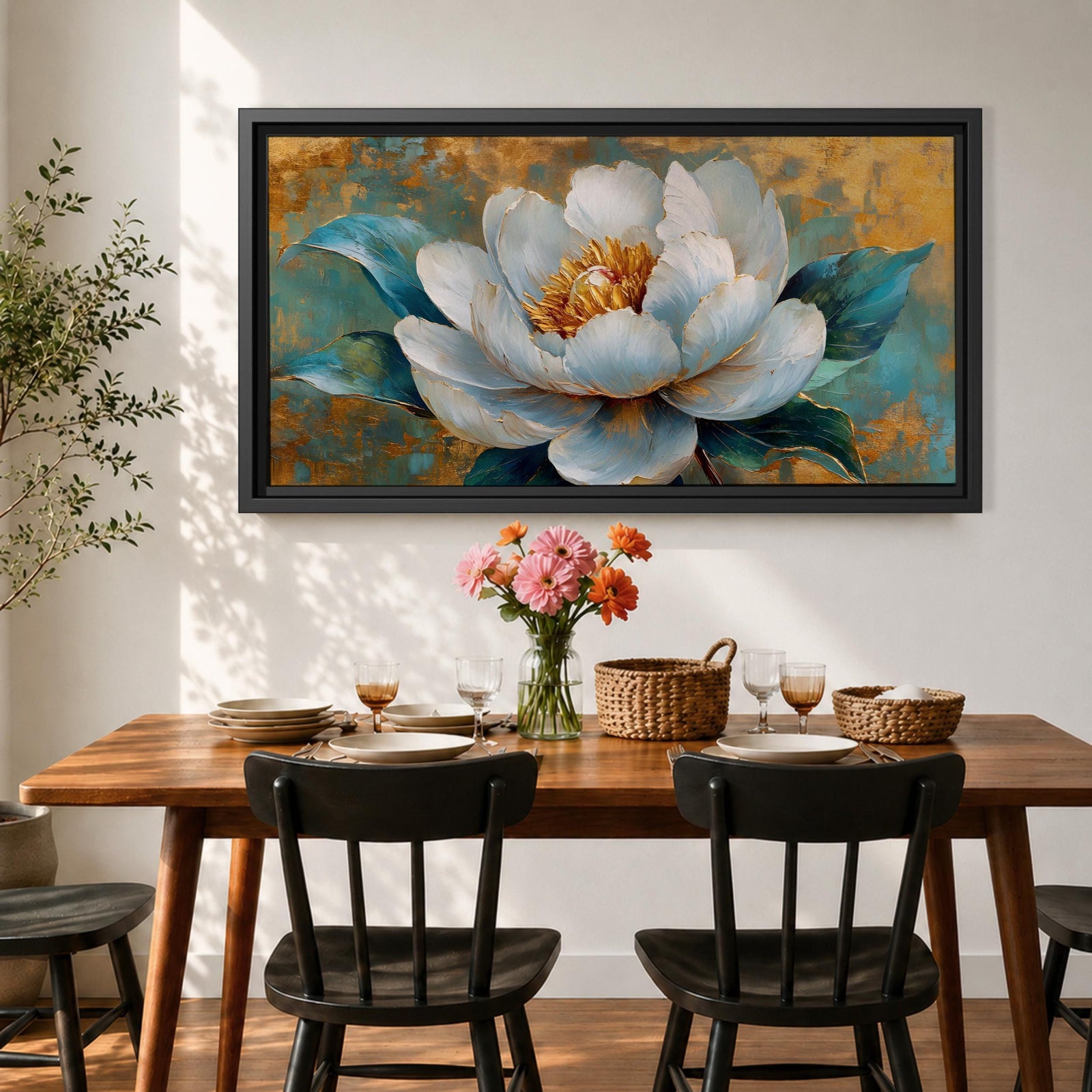 Panoramic painting of a large white peony blossom with layered petals and a golden center surrounded by teal blue leaves. The composition features textured brushstrokes and metallic gold accents across a teal background, highlighting the flower’s soft petals and botanical form.