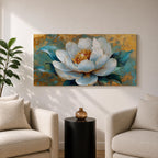 Panoramic painting of a large white peony blossom with layered petals and a golden center surrounded by teal blue leaves. The composition features textured brushstrokes and metallic gold accents across a teal background, highlighting the flower’s soft petals and botanical form.