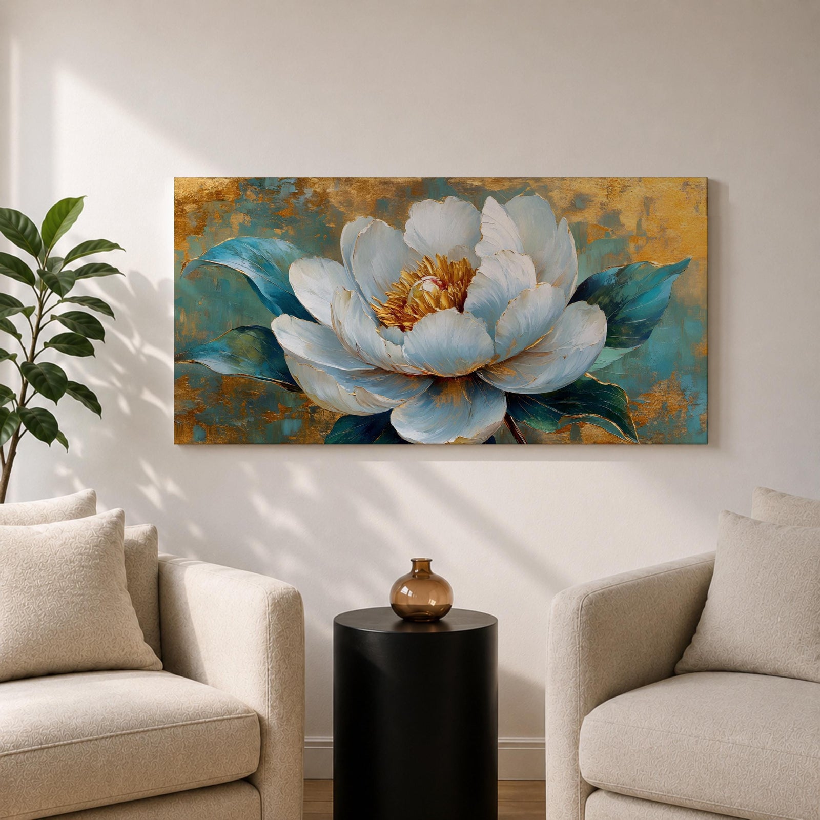 Panoramic painting of a large white peony blossom with layered petals and a golden center surrounded by teal blue leaves. The composition features textured brushstrokes and metallic gold accents across a teal background, highlighting the flower’s soft petals and botanical form.