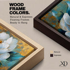 Panoramic painting of a large white peony blossom with layered petals and a golden center surrounded by teal blue leaves. The composition features textured brushstrokes and metallic gold accents across a teal background, highlighting the flower’s soft petals and botanical form.