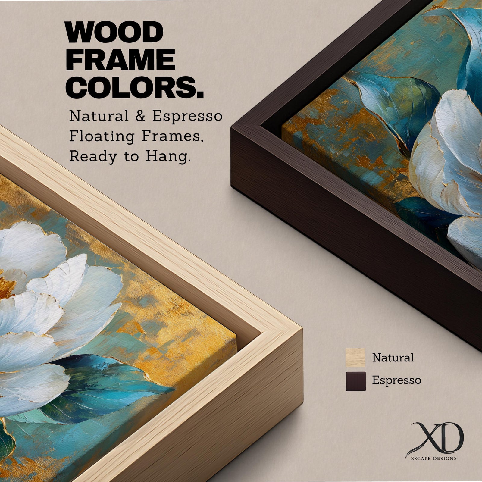 Panoramic painting of a large white peony blossom with layered petals and a golden center surrounded by teal blue leaves. The composition features textured brushstrokes and metallic gold accents across a teal background, highlighting the flower’s soft petals and botanical form.