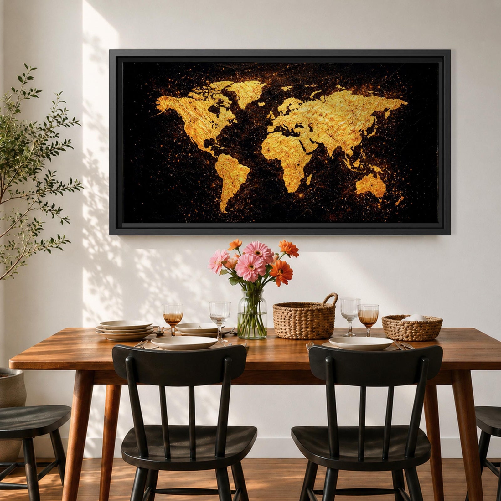 Panoramic artwork of a world map rendered in textured metallic gold against a deep black background. The continents appear with rough painterly edges and splattered gold accents, creating a bold global composition with strong contrast and modern map styling.
