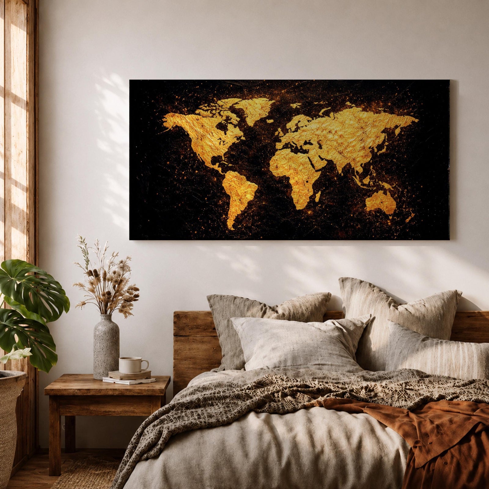Panoramic artwork of a world map rendered in textured metallic gold against a deep black background. The continents appear with rough painterly edges and splattered gold accents, creating a bold global composition with strong contrast and modern map styling.