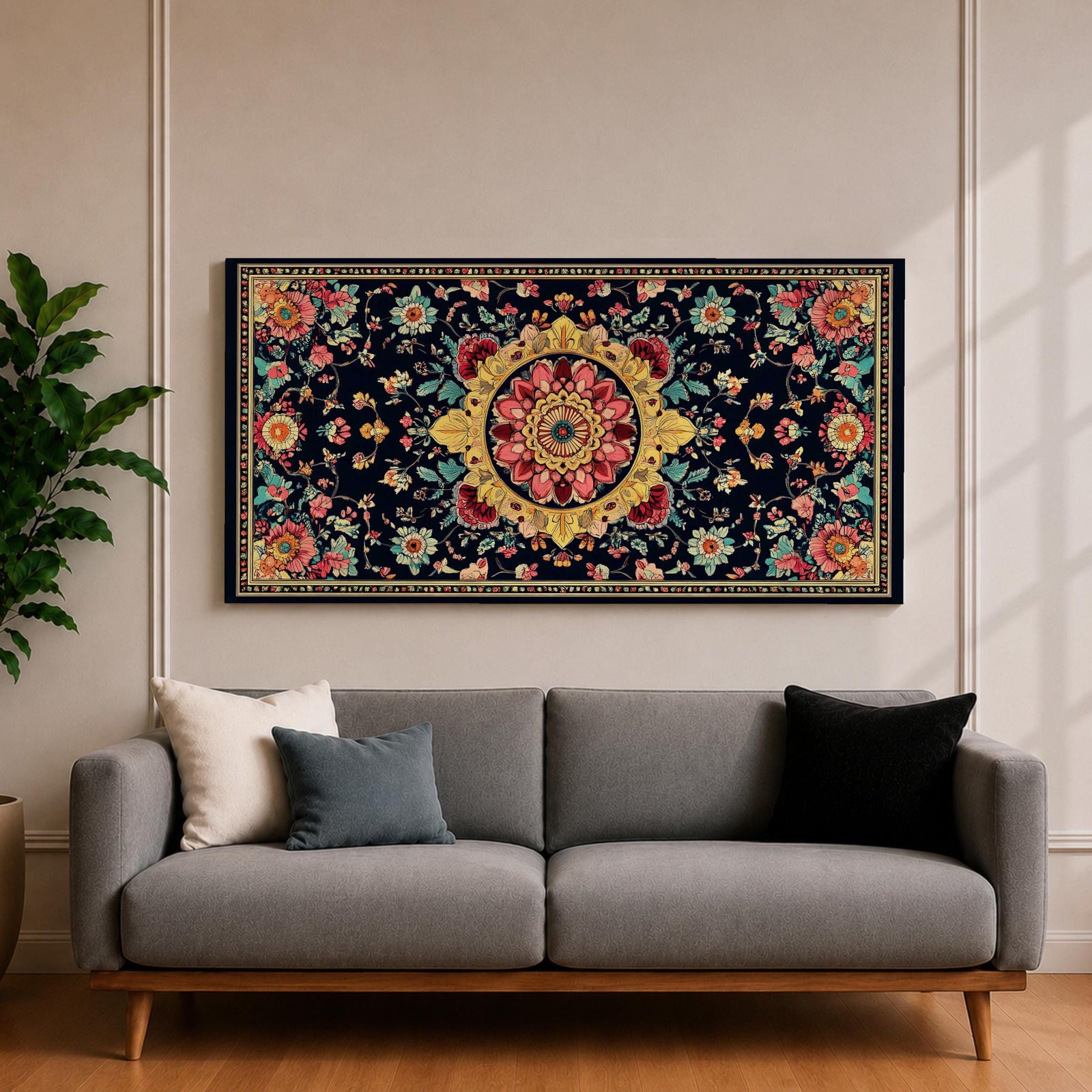 Panoramic decorative artwork inspired by Persian carpet design featuring a central floral medallion surrounded by intricate botanical motifs and symmetrical patterns. The composition includes red, gold, teal, and cream tones arranged across a dark background with ornate borders and repeating floral elements.