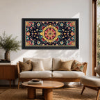 Panoramic decorative artwork inspired by Persian carpet design featuring a central floral medallion surrounded by intricate botanical motifs and symmetrical patterns. The composition includes red, gold, teal, and cream tones arranged across a dark background with ornate borders and repeating floral elements.