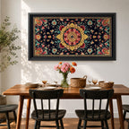 Panoramic decorative artwork inspired by Persian carpet design featuring a central floral medallion surrounded by intricate botanical motifs and symmetrical patterns. The composition includes red, gold, teal, and cream tones arranged across a dark background with ornate borders and repeating floral elements.