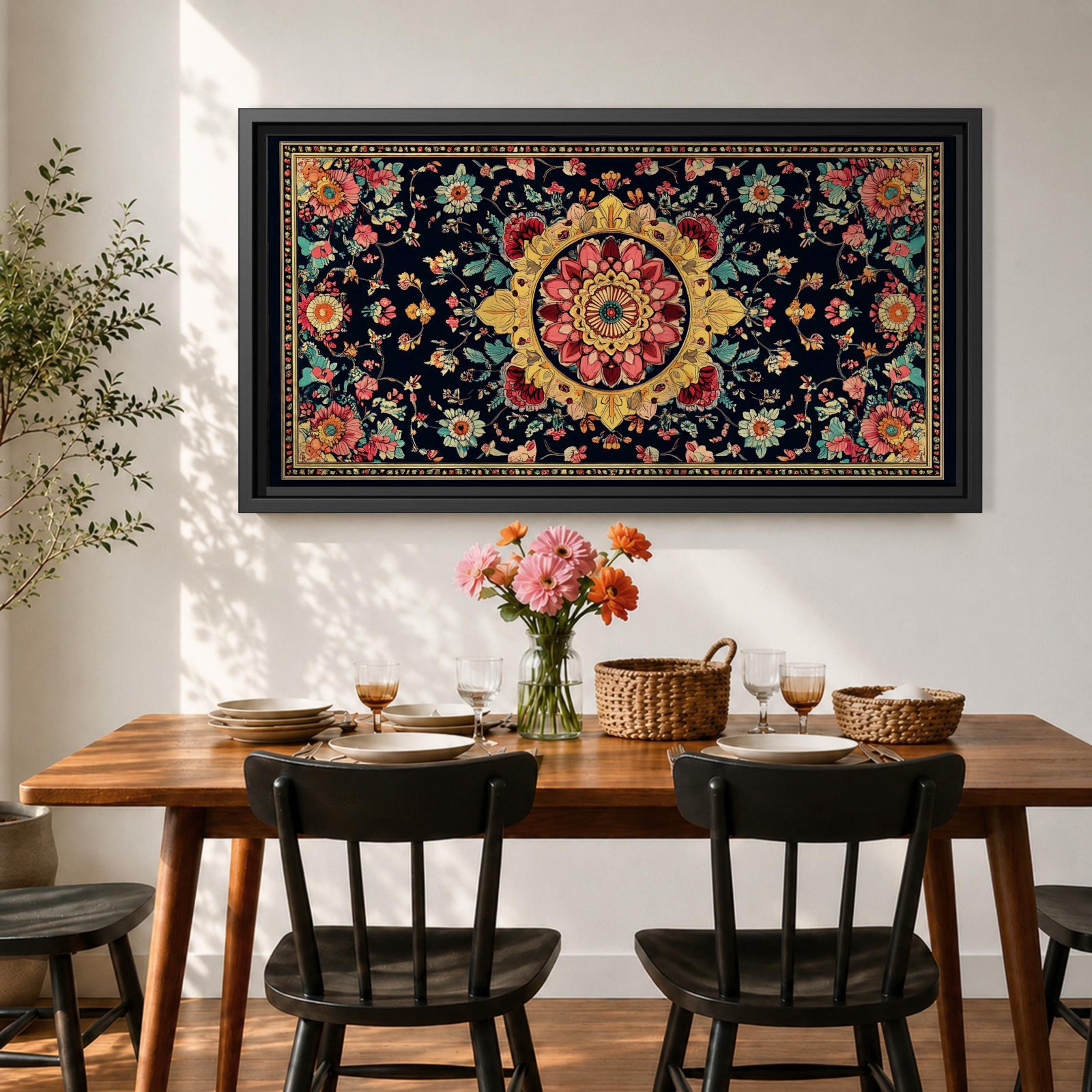 Panoramic decorative artwork inspired by Persian carpet design featuring a central floral medallion surrounded by intricate botanical motifs and symmetrical patterns. The composition includes red, gold, teal, and cream tones arranged across a dark background with ornate borders and repeating floral elements.