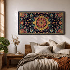 Panoramic decorative artwork inspired by Persian carpet design featuring a central floral medallion surrounded by intricate botanical motifs and symmetrical patterns. The composition includes red, gold, teal, and cream tones arranged across a dark background with ornate borders and repeating floral elements.