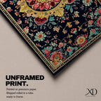 Panoramic decorative artwork inspired by Persian carpet design featuring a central floral medallion surrounded by intricate botanical motifs and symmetrical patterns. The composition includes red, gold, teal, and cream tones arranged across a dark background with ornate borders and repeating floral elements.