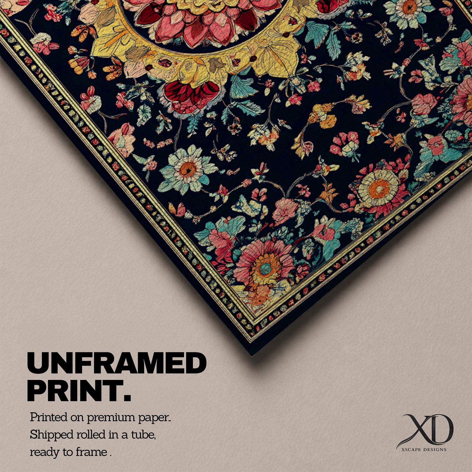Panoramic decorative artwork inspired by Persian carpet design featuring a central floral medallion surrounded by intricate botanical motifs and symmetrical patterns. The composition includes red, gold, teal, and cream tones arranged across a dark background with ornate borders and repeating floral elements.