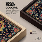 Panoramic decorative artwork inspired by Persian carpet design featuring a central floral medallion surrounded by intricate botanical motifs and symmetrical patterns. The composition includes red, gold, teal, and cream tones arranged across a dark background with ornate borders and repeating floral elements.