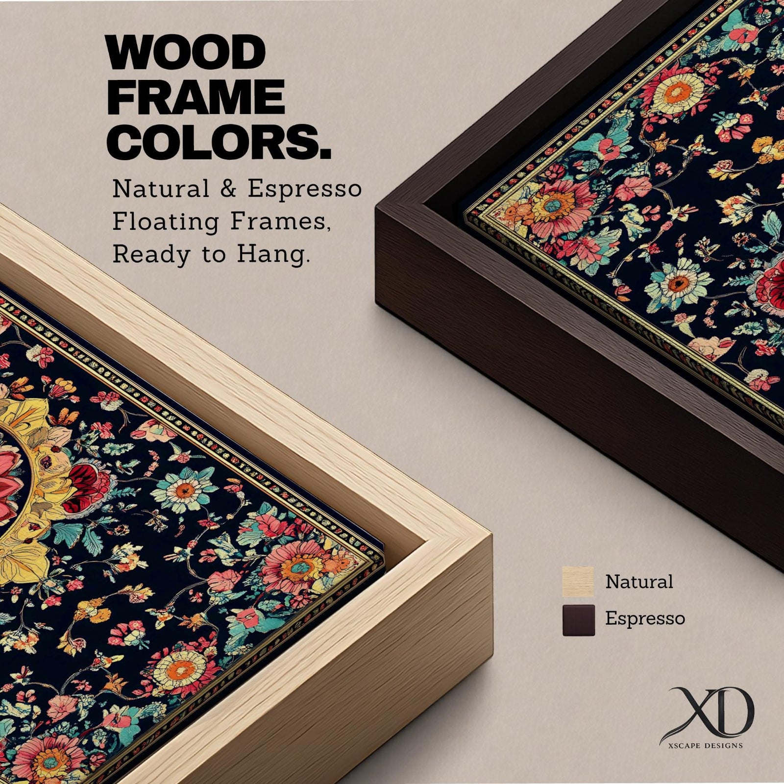 Panoramic decorative artwork inspired by Persian carpet design featuring a central floral medallion surrounded by intricate botanical motifs and symmetrical patterns. The composition includes red, gold, teal, and cream tones arranged across a dark background with ornate borders and repeating floral elements.