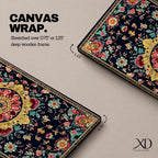 Panoramic decorative artwork inspired by Persian carpet design featuring a central floral medallion surrounded by intricate botanical motifs and symmetrical patterns. The composition includes red, gold, teal, and cream tones arranged across a dark background with ornate borders and repeating floral elements.