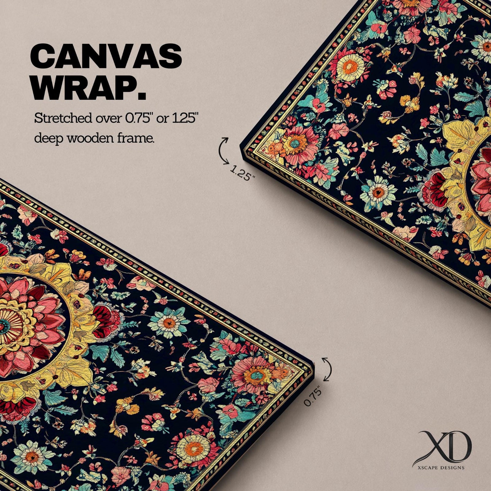 Panoramic decorative artwork inspired by Persian carpet design featuring a central floral medallion surrounded by intricate botanical motifs and symmetrical patterns. The composition includes red, gold, teal, and cream tones arranged across a dark background with ornate borders and repeating floral elements.