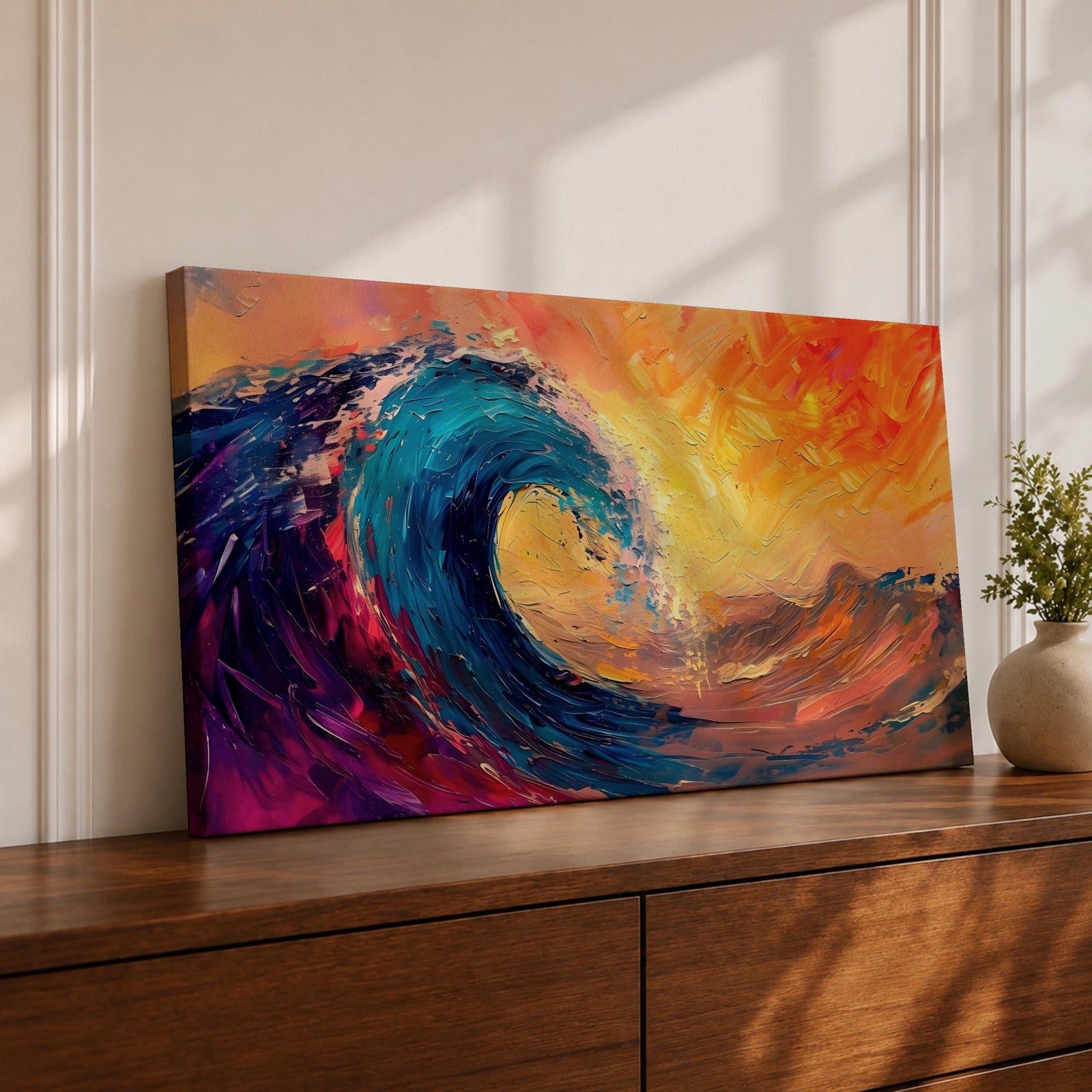 Panoramic abstract painting of a powerful ocean wave curling forward with thick textured palette knife strokes. Vibrant blue, teal, purple, and orange tones blend across the water and sky, creating a dynamic seascape with energetic motion and layered paint texture.