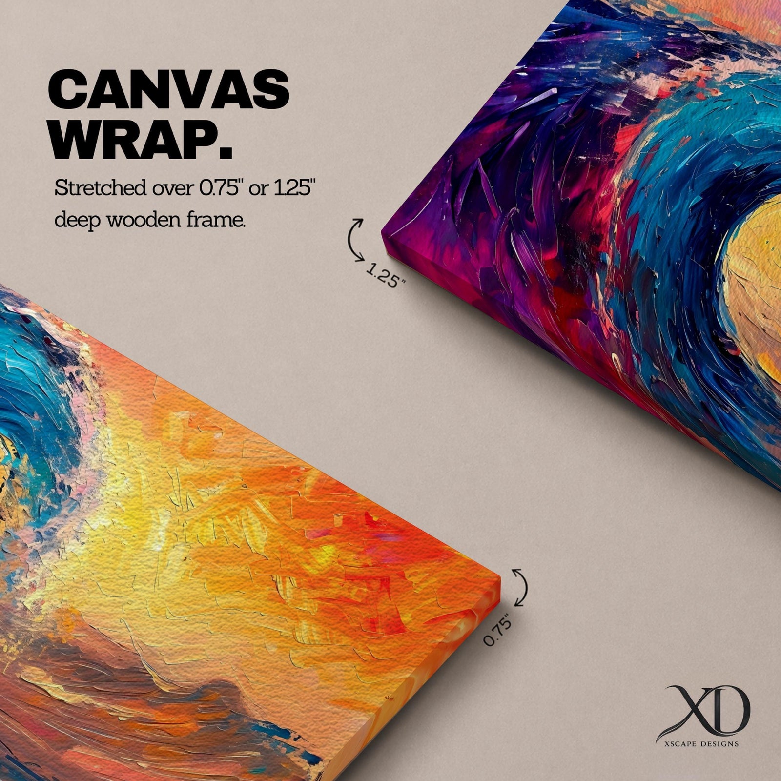 Panoramic abstract painting of a powerful ocean wave curling forward with thick textured palette knife strokes. Vibrant blue, teal, purple, and orange tones blend across the water and sky, creating a dynamic seascape with energetic motion and layered paint texture.