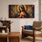 Panoramic textured painting of the Virgin Mary with hands clasped in prayer and a radiant halo behind her head. The composition features expressive palette knife strokes in gold, blue, red, and warm earth tones forming a luminous devotional portrait.