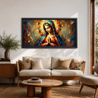 Panoramic textured painting of the Virgin Mary with hands clasped in prayer and a radiant halo behind her head. The composition features expressive palette knife strokes in gold, blue, red, and warm earth tones forming a luminous devotional portrait.