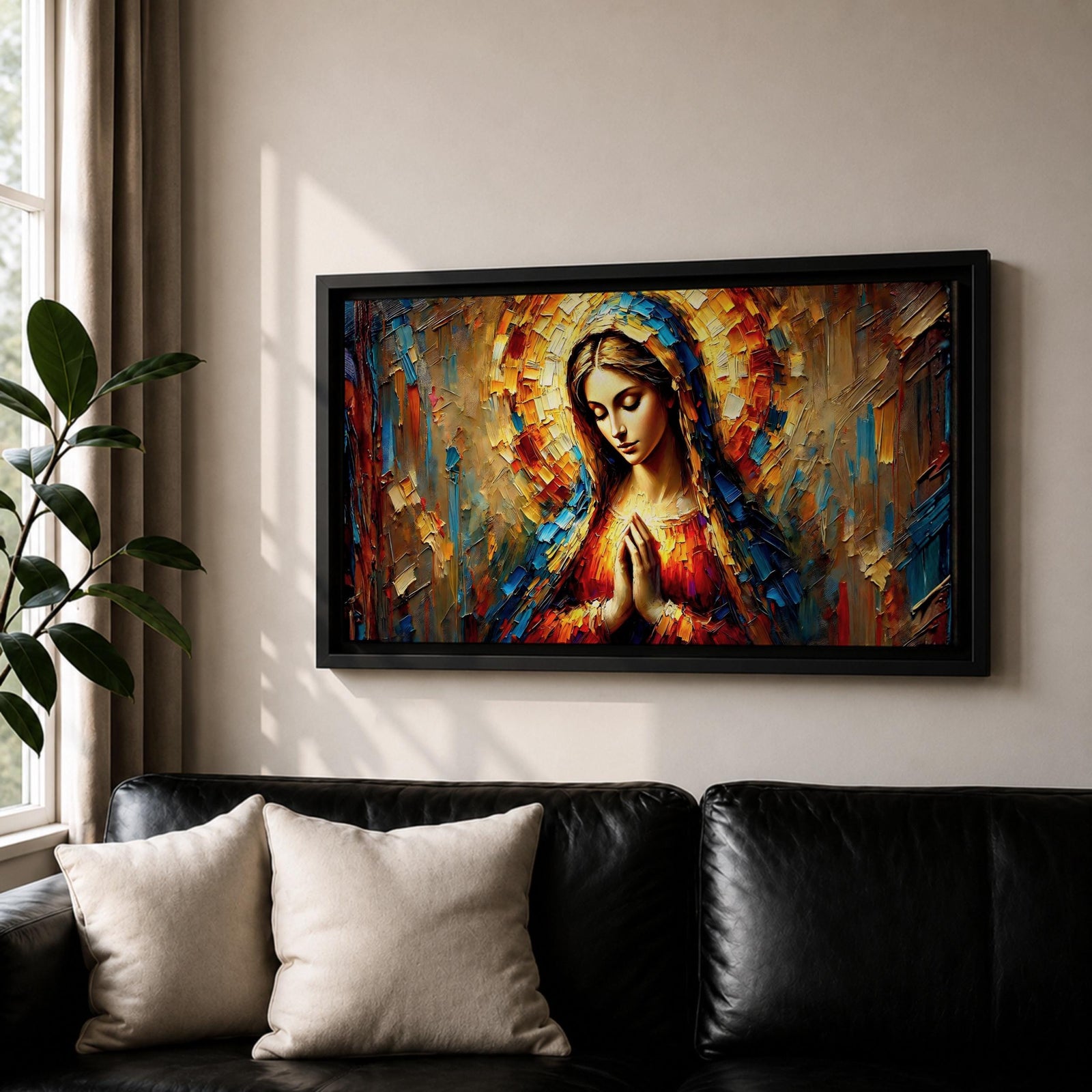 Panoramic textured painting of the Virgin Mary with hands clasped in prayer and a radiant halo behind her head. The composition features expressive palette knife strokes in gold, blue, red, and warm earth tones forming a luminous devotional portrait.