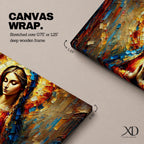 Panoramic textured painting of the Virgin Mary with hands clasped in prayer and a radiant halo behind her head. The composition features expressive palette knife strokes in gold, blue, red, and warm earth tones forming a luminous devotional portrait.