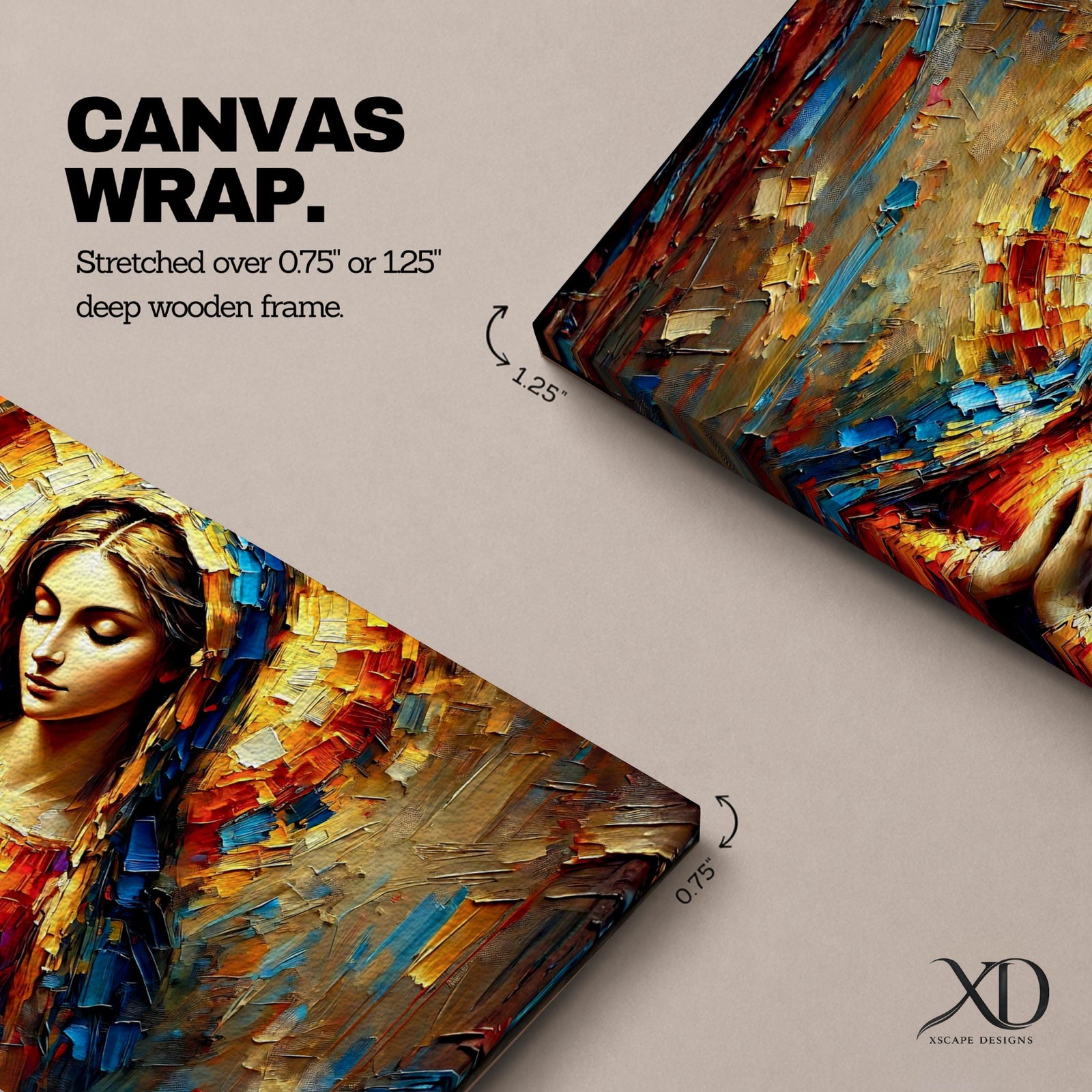 Panoramic textured painting of the Virgin Mary with hands clasped in prayer and a radiant halo behind her head. The composition features expressive palette knife strokes in gold, blue, red, and warm earth tones forming a luminous devotional portrait.