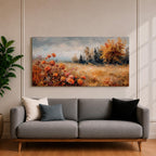 Panoramic landscape painting of an autumn meadow filled with orange wildflowers and golden grasses stretching toward a distant treeline. Soft textured brushstrokes depict fall foliage and a muted cloudy sky, creating a warm countryside scene with natural seasonal colors.