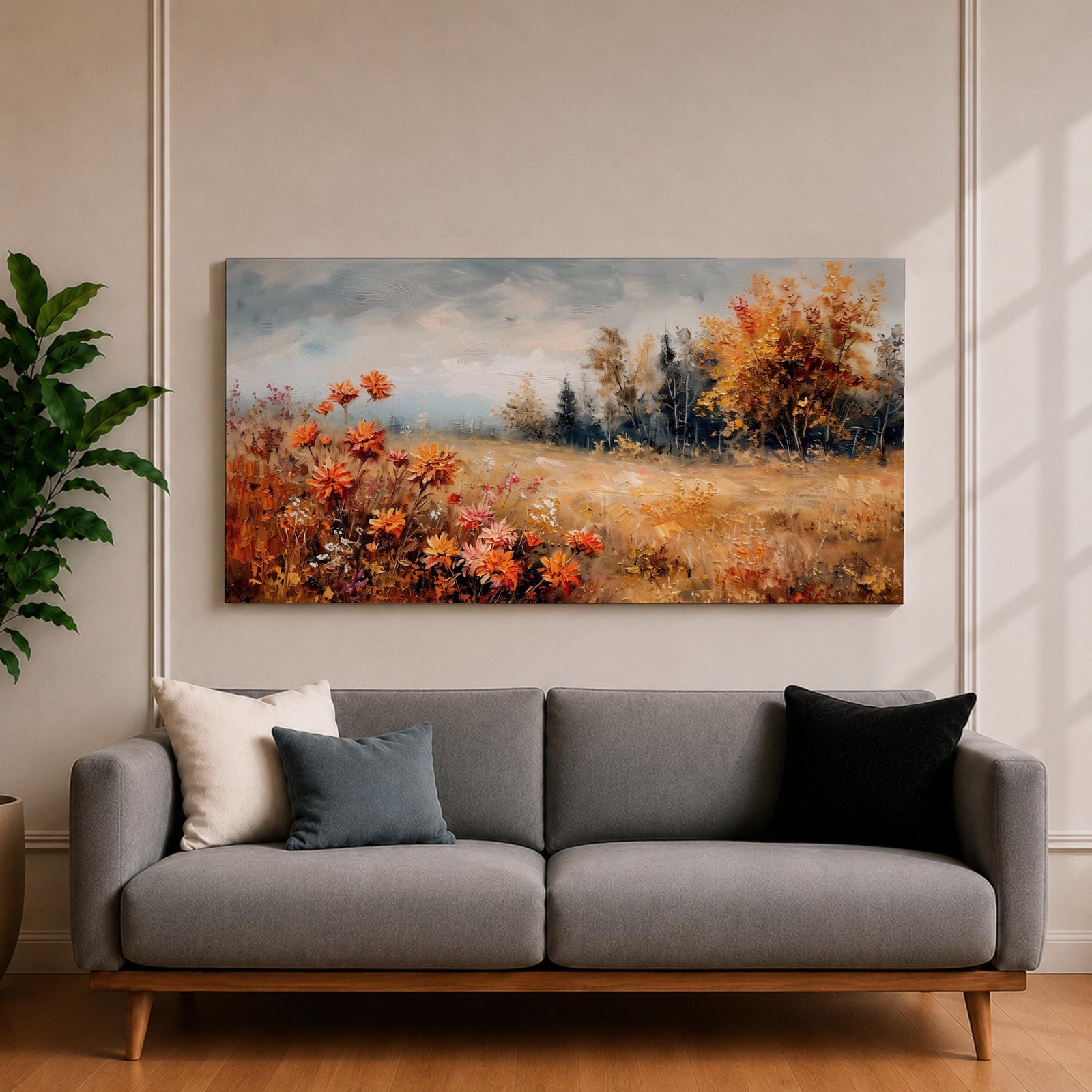 Panoramic landscape painting of an autumn meadow filled with orange wildflowers and golden grasses stretching toward a distant treeline. Soft textured brushstrokes depict fall foliage and a muted cloudy sky, creating a warm countryside scene with natural seasonal colors.