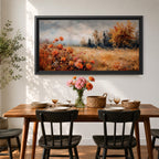 Panoramic landscape painting of an autumn meadow filled with orange wildflowers and golden grasses stretching toward a distant treeline. Soft textured brushstrokes depict fall foliage and a muted cloudy sky, creating a warm countryside scene with natural seasonal colors.