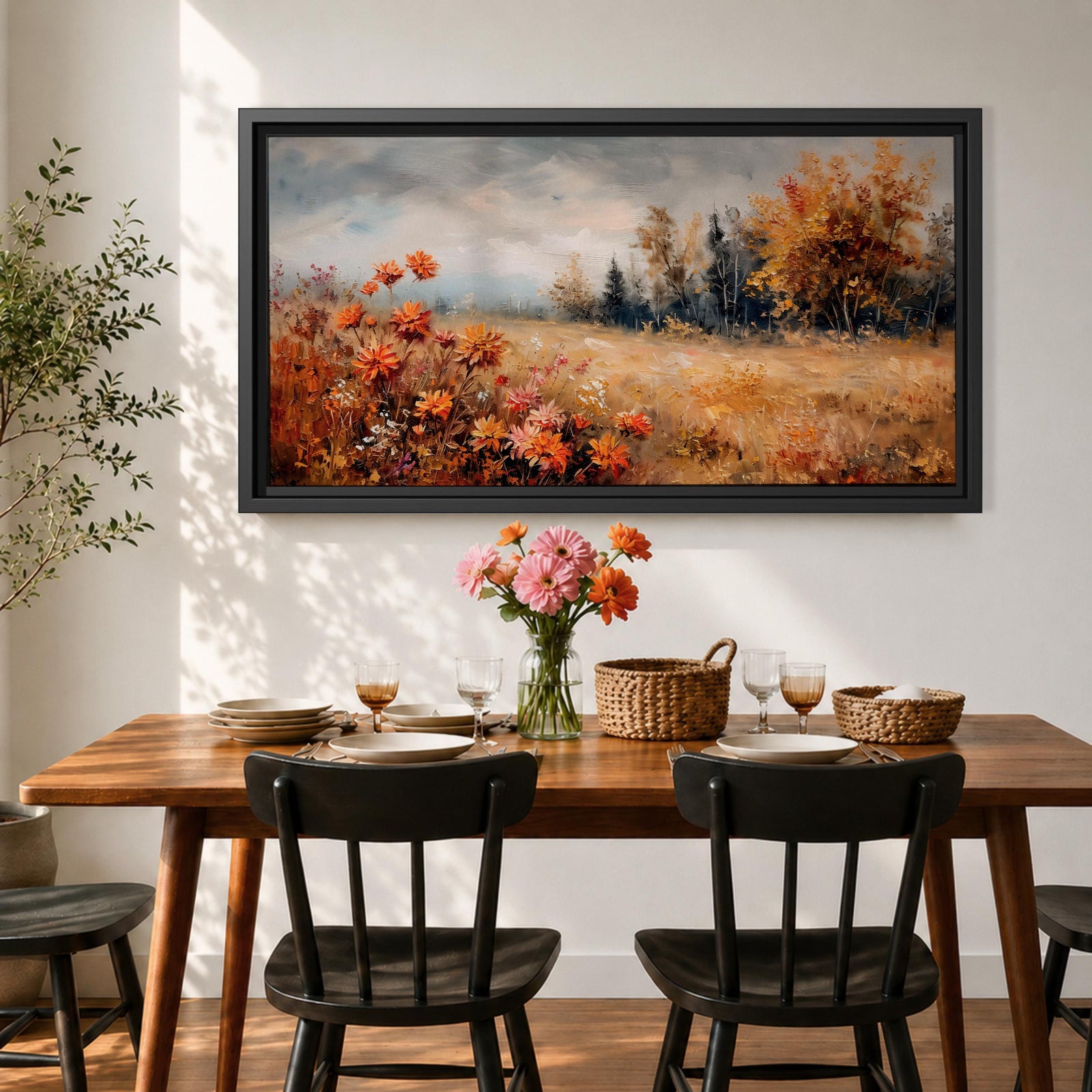 Panoramic landscape painting of an autumn meadow filled with orange wildflowers and golden grasses stretching toward a distant treeline. Soft textured brushstrokes depict fall foliage and a muted cloudy sky, creating a warm countryside scene with natural seasonal colors.