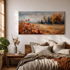 Panoramic landscape painting of an autumn meadow filled with orange wildflowers and golden grasses stretching toward a distant treeline. Soft textured brushstrokes depict fall foliage and a muted cloudy sky, creating a warm countryside scene with natural seasonal colors.
