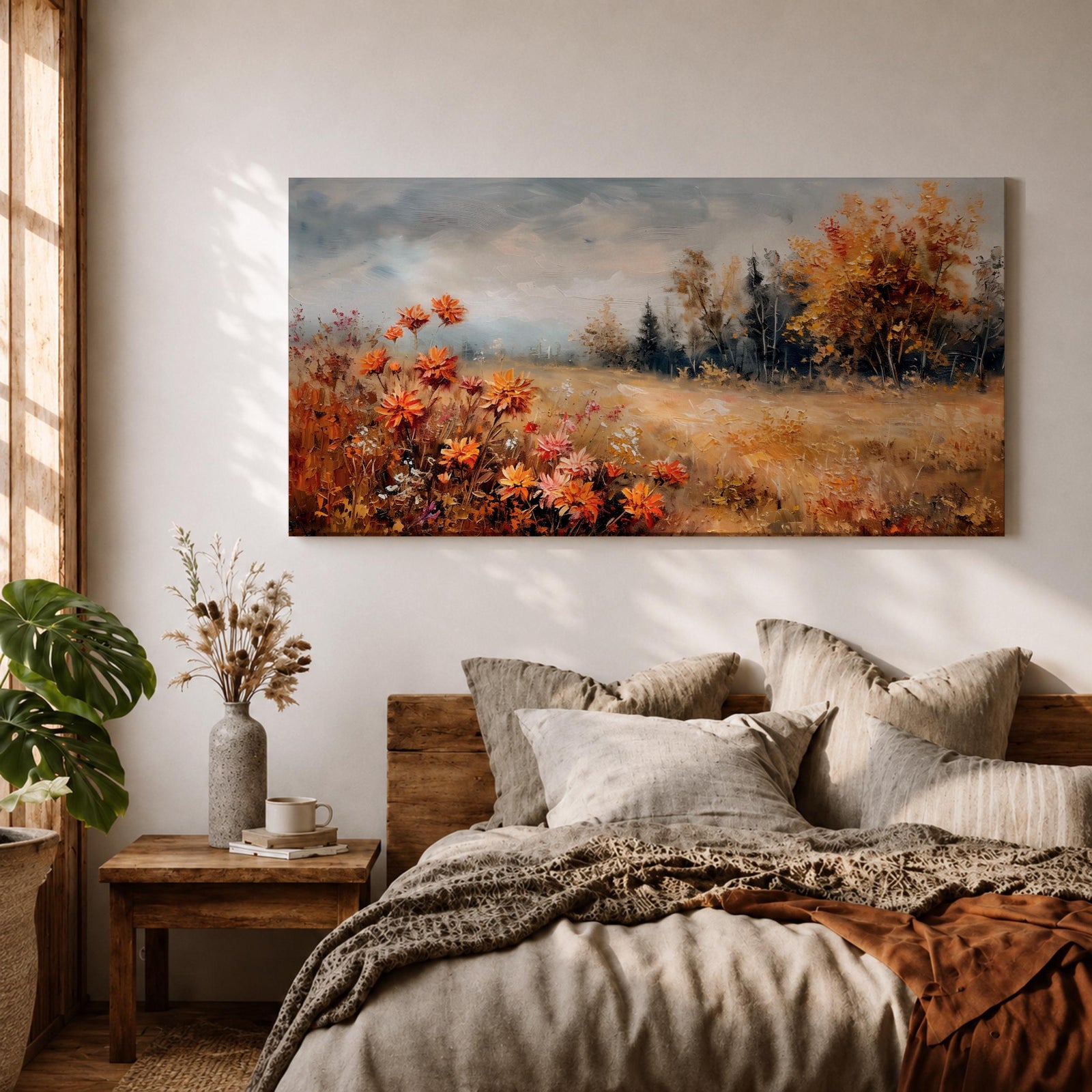 Panoramic landscape painting of an autumn meadow filled with orange wildflowers and golden grasses stretching toward a distant treeline. Soft textured brushstrokes depict fall foliage and a muted cloudy sky, creating a warm countryside scene with natural seasonal colors.