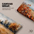 Panoramic landscape painting of an autumn meadow filled with orange wildflowers and golden grasses stretching toward a distant treeline. Soft textured brushstrokes depict fall foliage and a muted cloudy sky, creating a warm countryside scene with natural seasonal colors.