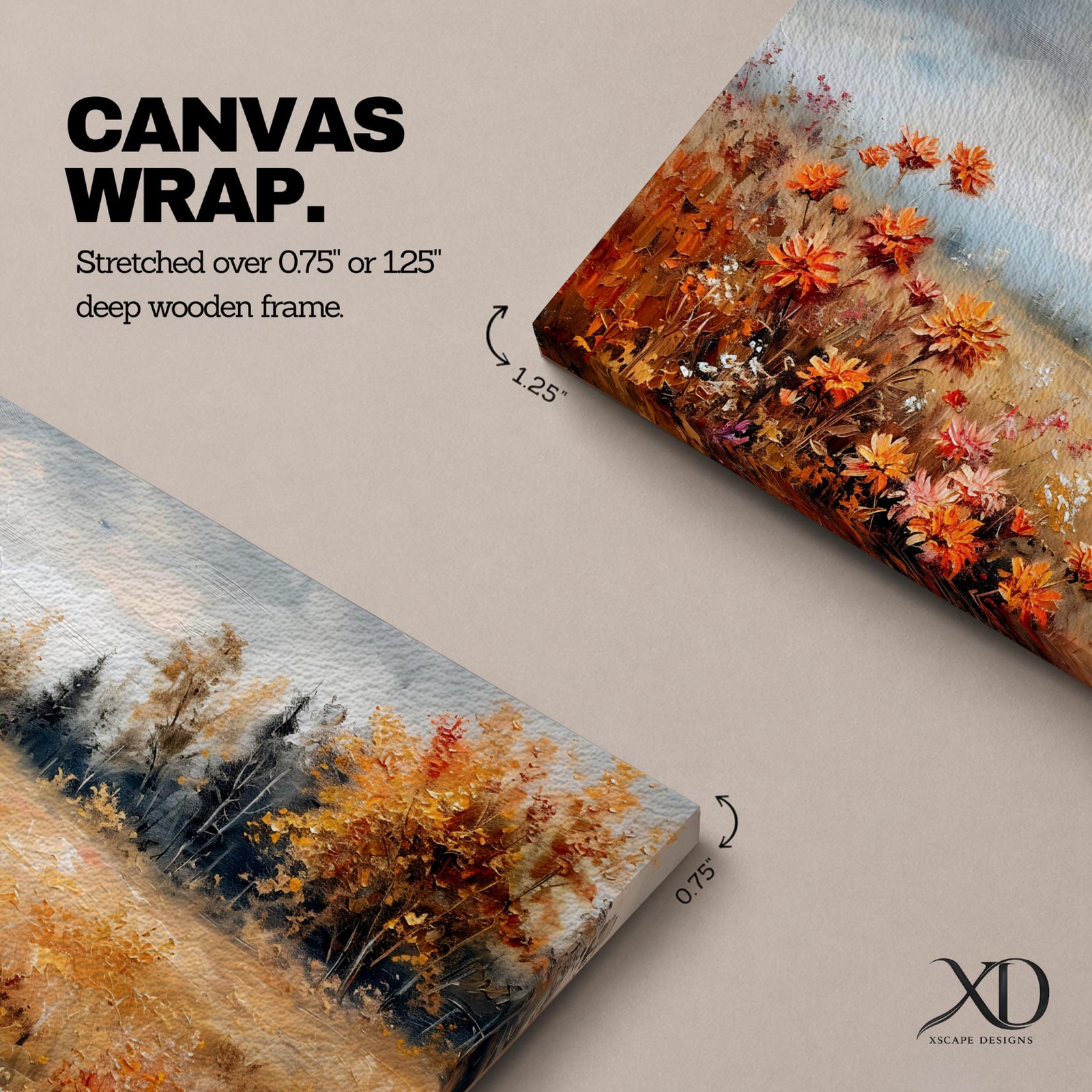 Panoramic landscape painting of an autumn meadow filled with orange wildflowers and golden grasses stretching toward a distant treeline. Soft textured brushstrokes depict fall foliage and a muted cloudy sky, creating a warm countryside scene with natural seasonal colors.