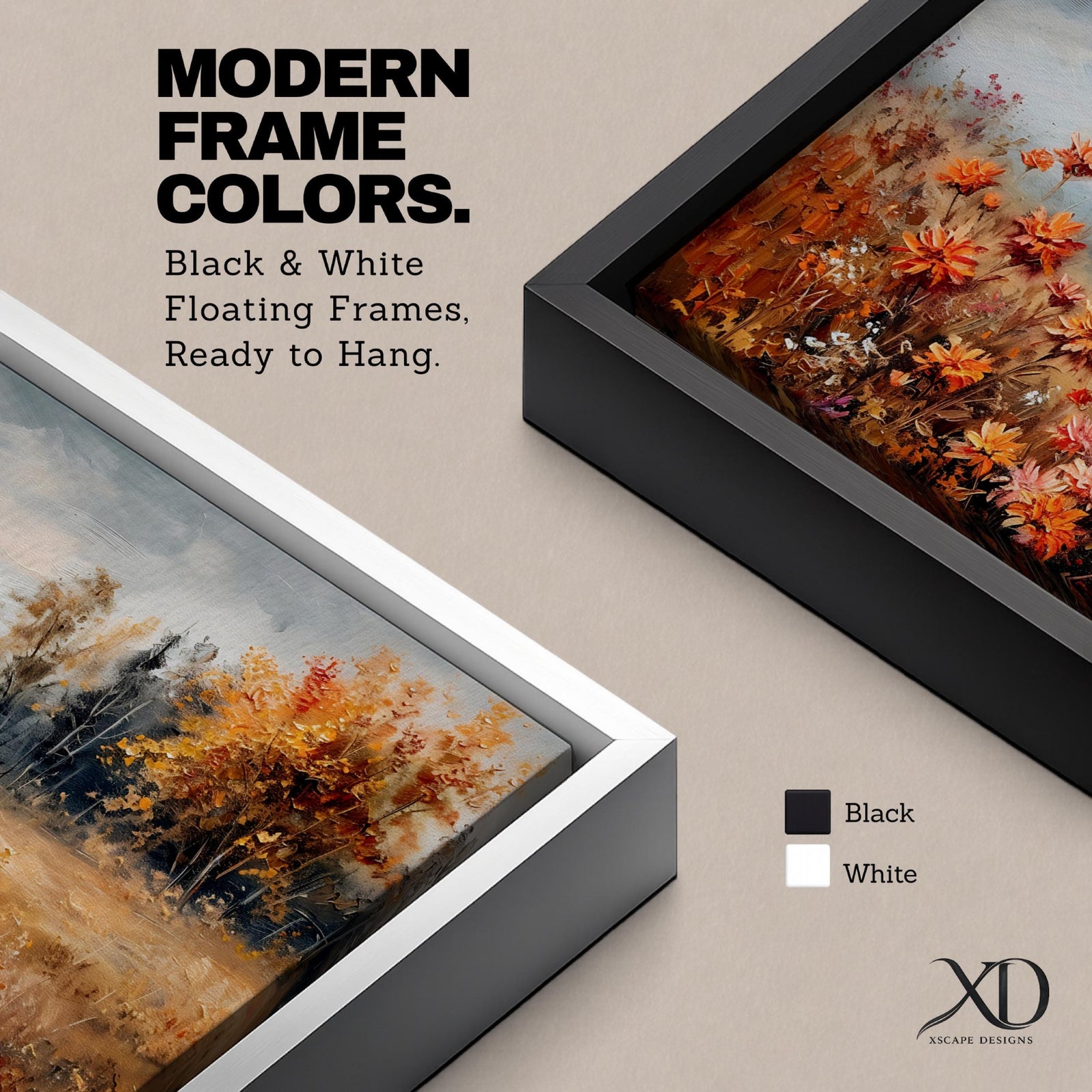 Panoramic landscape painting of an autumn meadow filled with orange wildflowers and golden grasses stretching toward a distant treeline. Soft textured brushstrokes depict fall foliage and a muted cloudy sky, creating a warm countryside scene with natural seasonal colors.