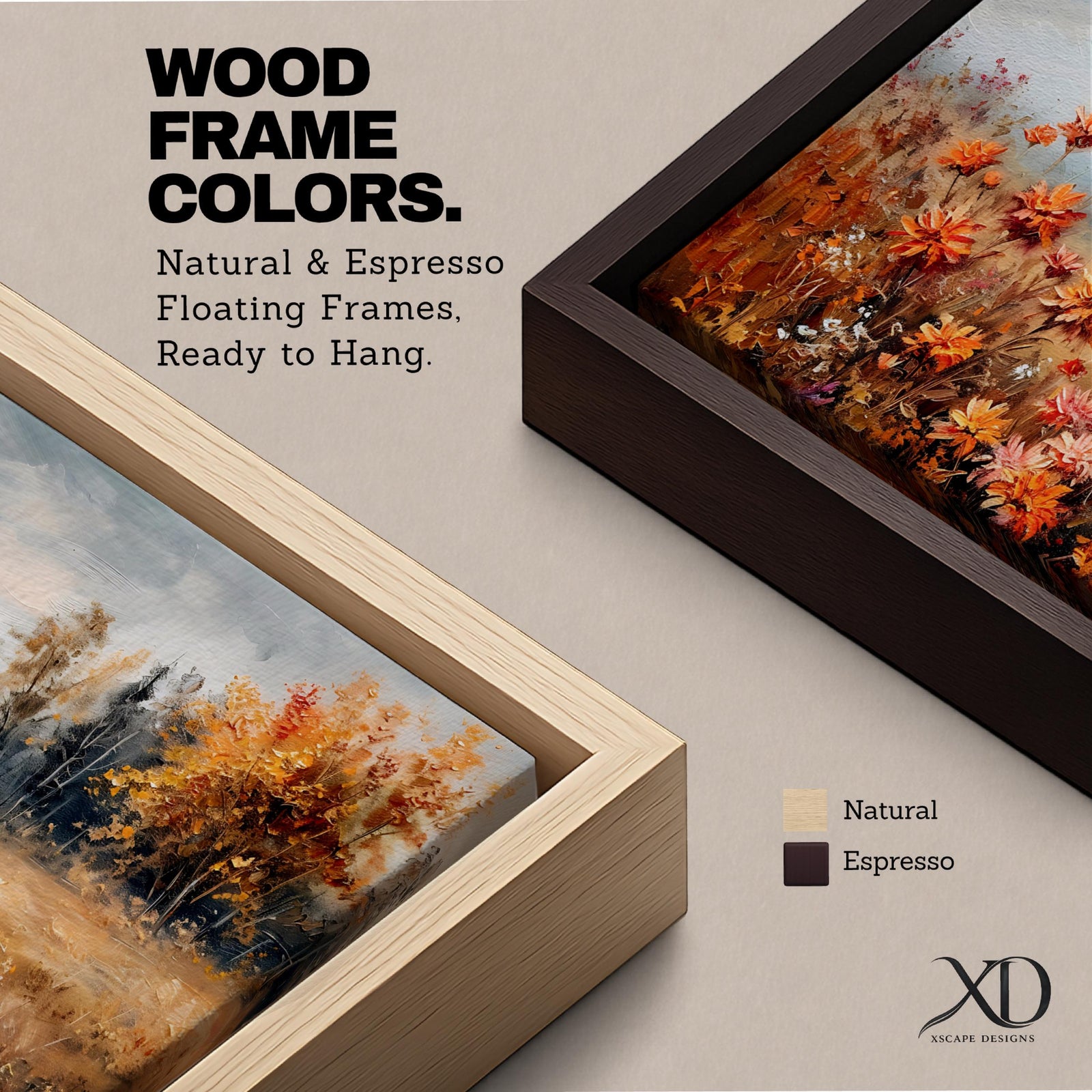 Panoramic landscape painting of an autumn meadow filled with orange wildflowers and golden grasses stretching toward a distant treeline. Soft textured brushstrokes depict fall foliage and a muted cloudy sky, creating a warm countryside scene with natural seasonal colors.