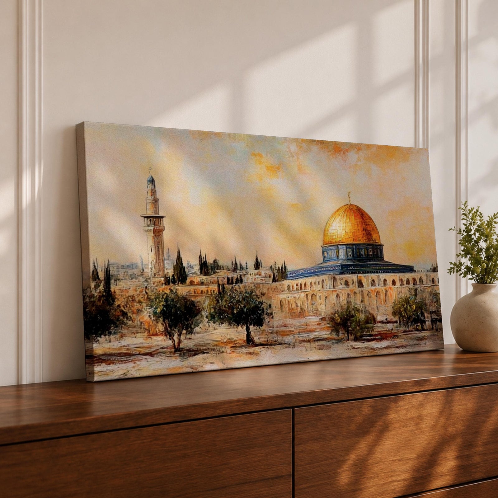 Panoramic painting of the Dome of the Rock in Jerusalem with its golden dome rising above historic stone architecture and surrounding courtyards. The composition shows nearby minarets and trees beneath a warm sky, rendered with expressive brushstrokes in earthy and golden tones.