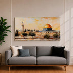 Panoramic painting of the Dome of the Rock in Jerusalem with its golden dome rising above historic stone architecture and surrounding courtyards. The composition shows nearby minarets and trees beneath a warm sky, rendered with expressive brushstrokes in earthy and golden tones.