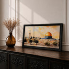 Panoramic painting of the Dome of the Rock in Jerusalem with its golden dome rising above historic stone architecture and surrounding courtyards. The composition shows nearby minarets and trees beneath a warm sky, rendered with expressive brushstrokes in earthy and golden tones.