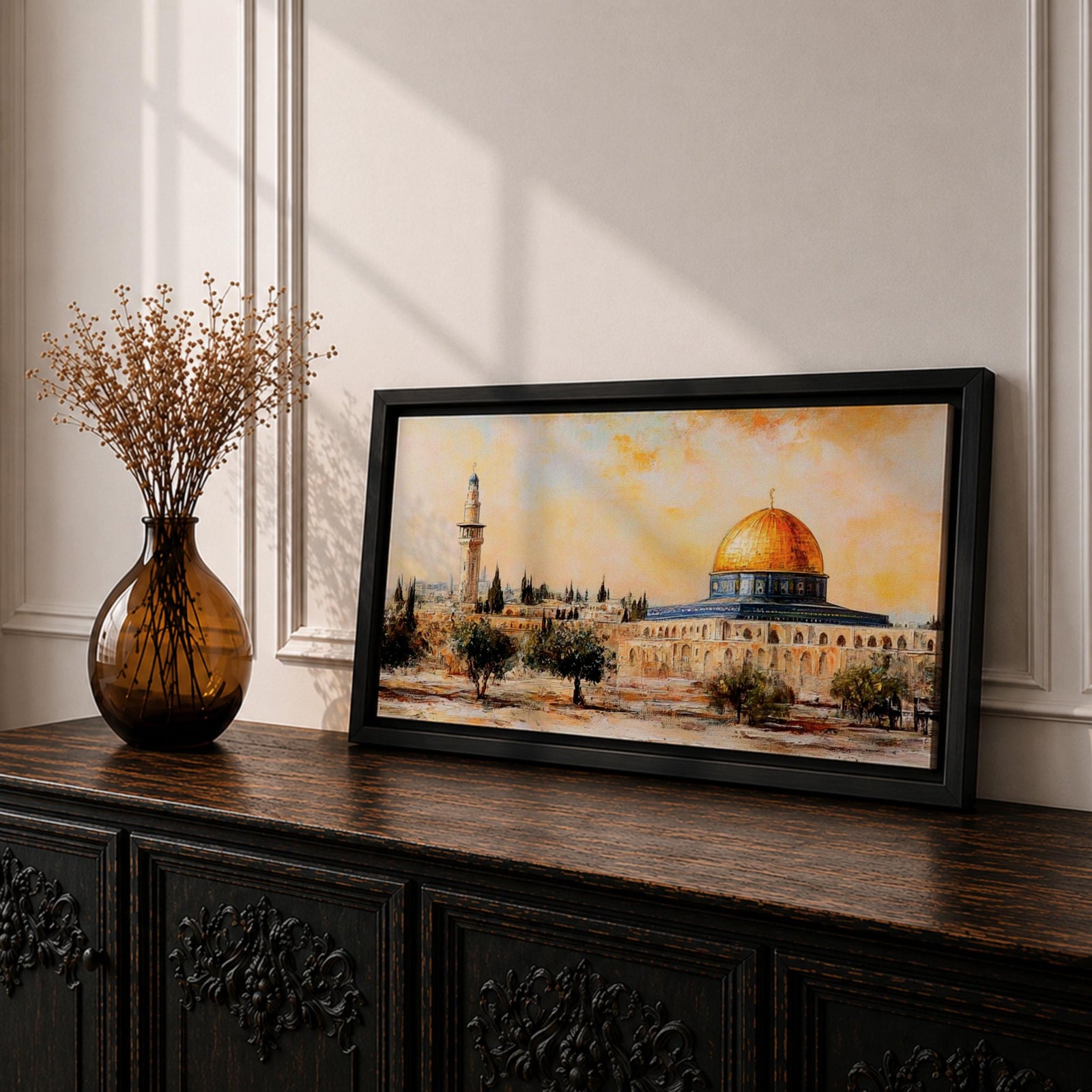 Panoramic painting of the Dome of the Rock in Jerusalem with its golden dome rising above historic stone architecture and surrounding courtyards. The composition shows nearby minarets and trees beneath a warm sky, rendered with expressive brushstrokes in earthy and golden tones.