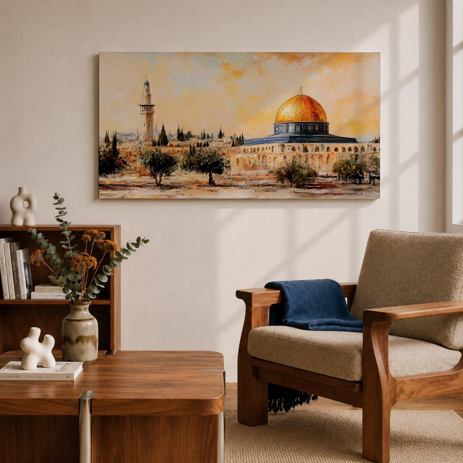 Panoramic painting of the Dome of the Rock in Jerusalem with its golden dome rising above historic stone architecture and surrounding courtyards. The composition shows nearby minarets and trees beneath a warm sky, rendered with expressive brushstrokes in earthy and golden tones.