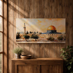 Panoramic painting of the Dome of the Rock in Jerusalem with its golden dome rising above historic stone architecture and surrounding courtyards. The composition shows nearby minarets and trees beneath a warm sky, rendered with expressive brushstrokes in earthy and golden tones.