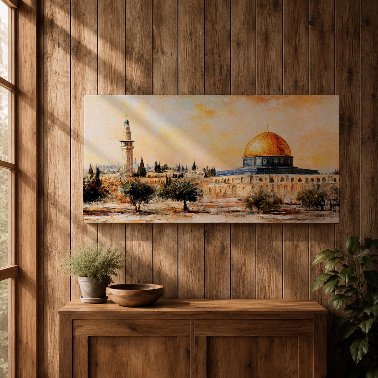 Panoramic painting of the Dome of the Rock in Jerusalem with its golden dome rising above historic stone architecture and surrounding courtyards. The composition shows nearby minarets and trees beneath a warm sky, rendered with expressive brushstrokes in earthy and golden tones.