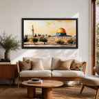 Panoramic painting of the Dome of the Rock in Jerusalem with its golden dome rising above historic stone architecture and surrounding courtyards. The composition shows nearby minarets and trees beneath a warm sky, rendered with expressive brushstrokes in earthy and golden tones.