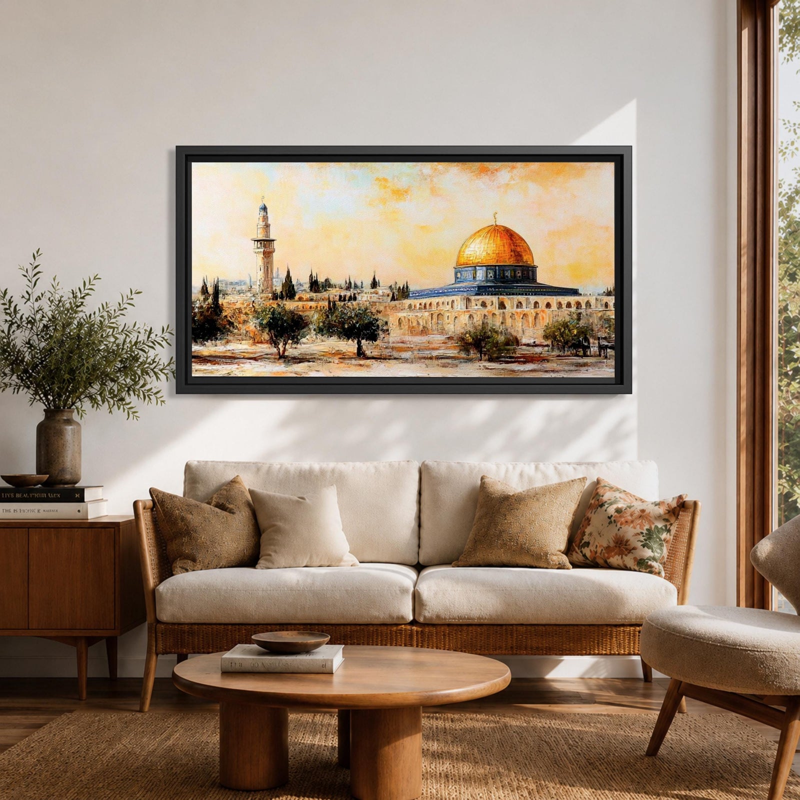 Panoramic painting of the Dome of the Rock in Jerusalem with its golden dome rising above historic stone architecture and surrounding courtyards. The composition shows nearby minarets and trees beneath a warm sky, rendered with expressive brushstrokes in earthy and golden tones.