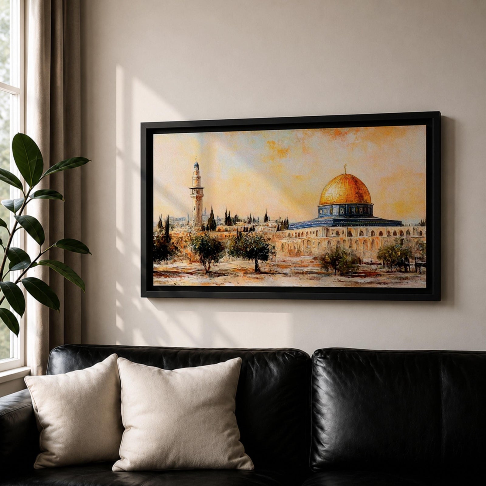 Panoramic painting of the Dome of the Rock in Jerusalem with its golden dome rising above historic stone architecture and surrounding courtyards. The composition shows nearby minarets and trees beneath a warm sky, rendered with expressive brushstrokes in earthy and golden tones.