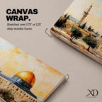 Panoramic painting of the Dome of the Rock in Jerusalem with its golden dome rising above historic stone architecture and surrounding courtyards. The composition shows nearby minarets and trees beneath a warm sky, rendered with expressive brushstrokes in earthy and golden tones.